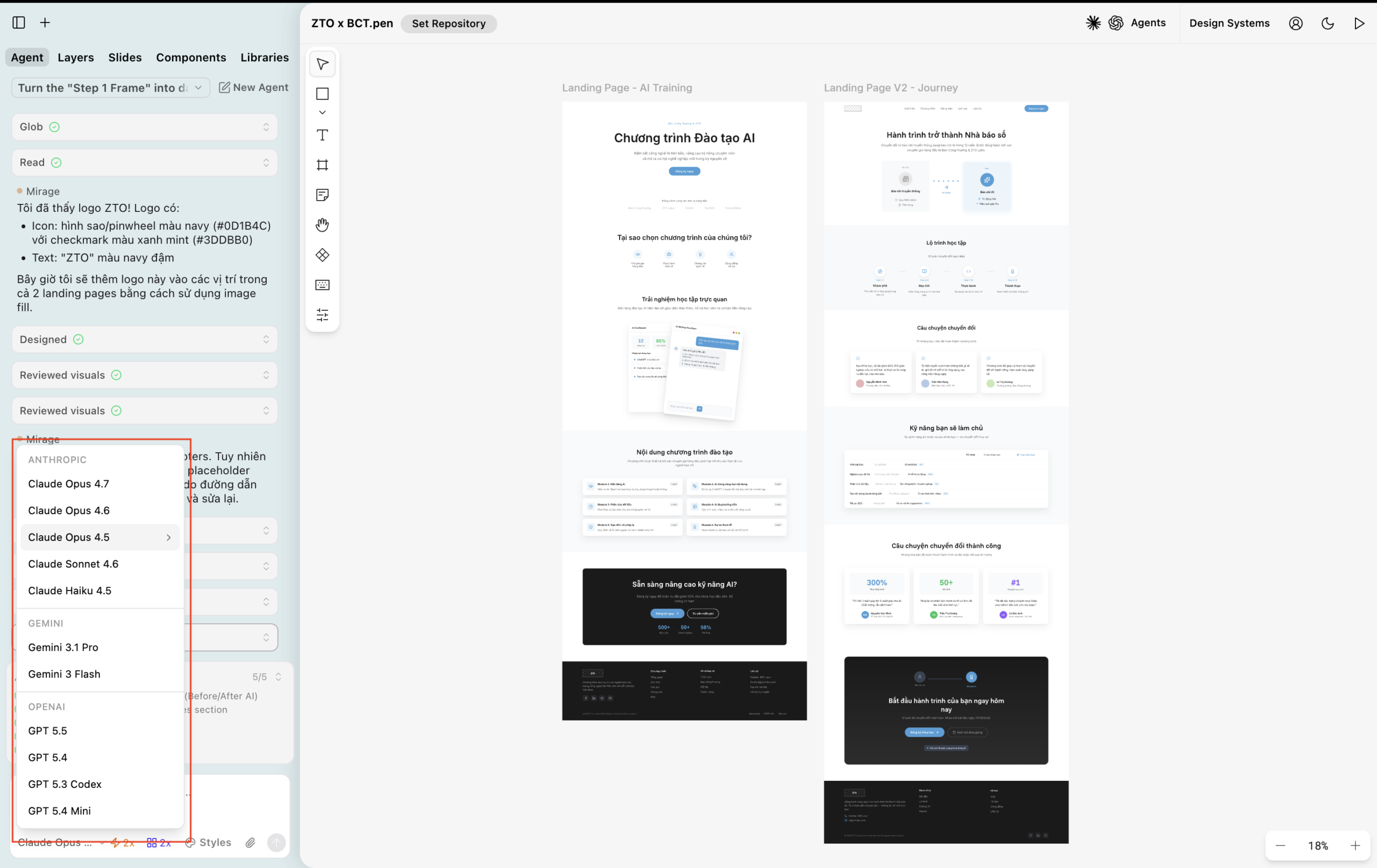 Dropdown chọn model AI đang mở hiển thị danh sách Anthropic (Claude Opus 4.7, 4.5...), Gemini và OpenAI bên cạnh canvas đang thiết kế. Ảnh hướng dẫn: Pencil hỗ trợ nhiều AI model bao gồm Claude, Gemini và GPT.