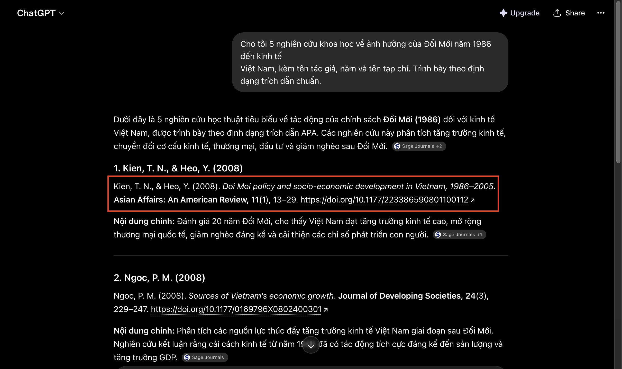 AI trích bài Kien và Heo 2008 nhưng ghi sai tên tạp chí