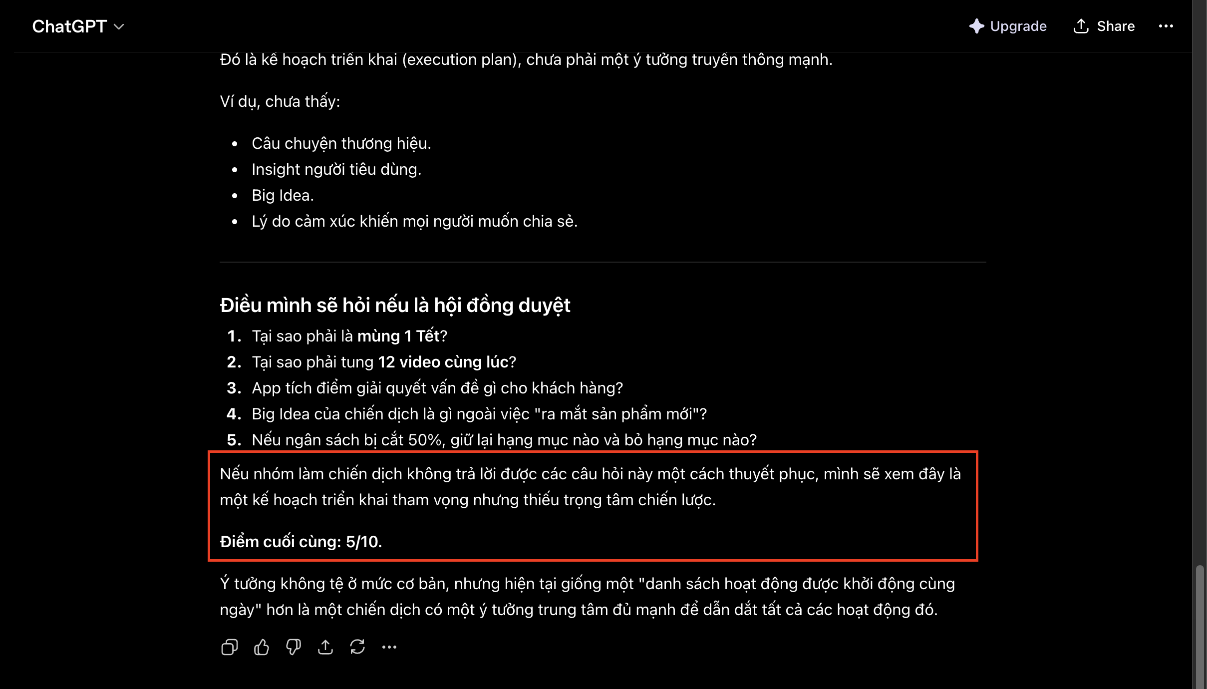 Cùng ý tưởng nhưng hỏi như của người khác, AI chấm 5/10 và chỉ ra lỗi lớn nhất