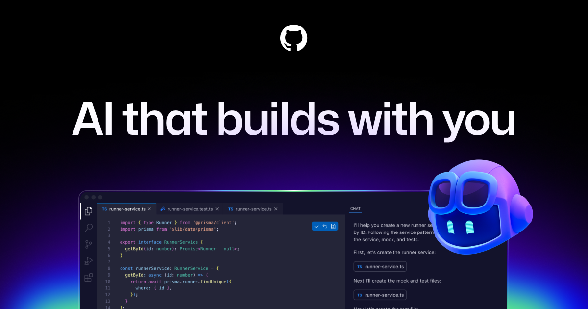 Hình ảnh quảng cáo GitHub Copilot trên nền đen với dòng chữ "AI that builds with you", màn hình code editor và nhân vật robot xanh dương. Tin chính ngày 02/06/2026: Microsoft Build biến Windows thành nền tảng agent, Project Polaris thay GPT-4 trong GitHub Copilot.