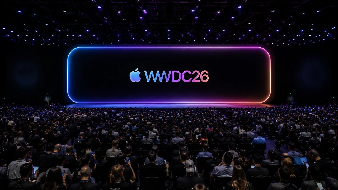 Hình ảnh hội trường sự kiện WWDC26 với đám đông người tham dự nhìn lên màn hình lớn hiển thị logo Apple và dòng chữ "WWDC26" trên nền đèn LED gradient xanh-tím-đỏ. Tin chính ngày 08/06/2026: Apple trả 1 tỷ USD tích hợp Gemini vào Siri và mở iPhone cho ChatGPT, Claude.