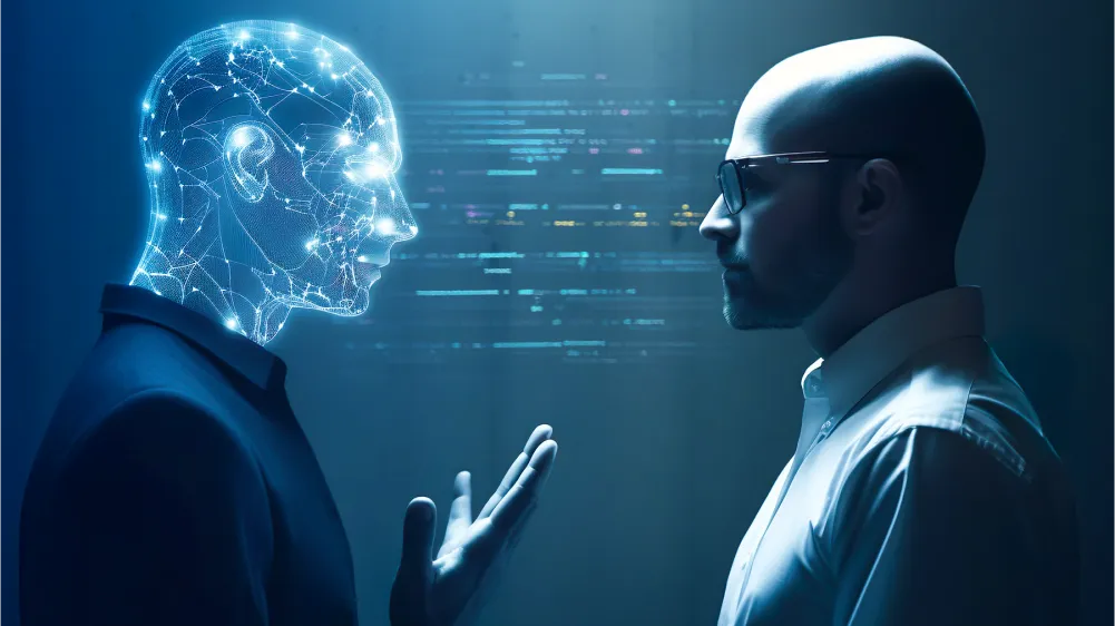 Hình minh hoạ AI đối diện người thật — đầu robot phát sáng dạng lưới wireframe bên trái, người đàn ông đeo kính bên phải, nền tối với màn hình code. Tin chính ngày 12/06/2026: OpenAI tích hợp vào Oracle Cloud, cho phép doanh nghiệp dùng ngân sách cloud sẵn có để truy cập mô hình frontier và Codex.