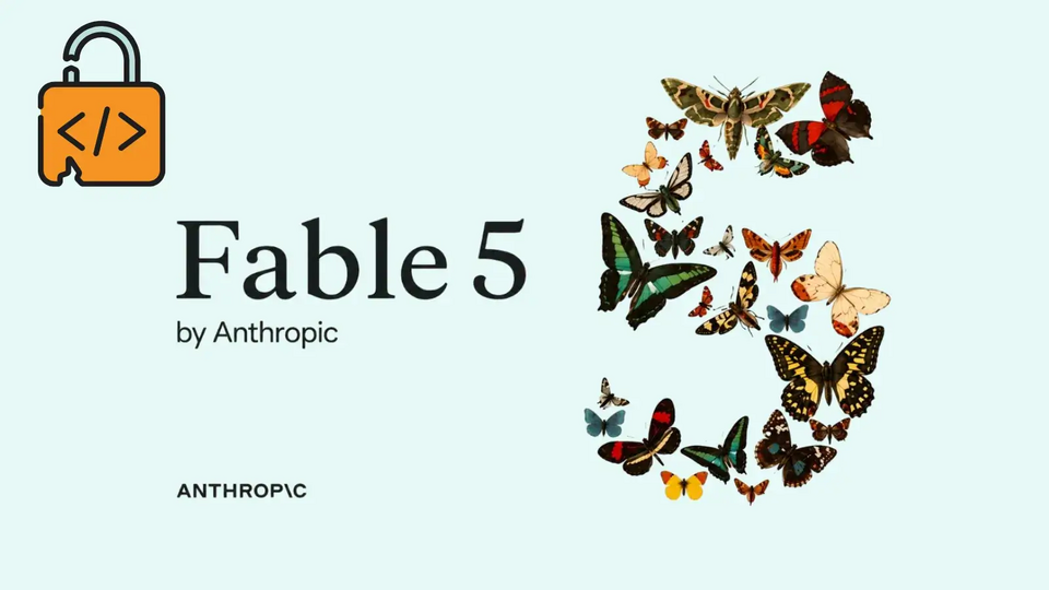 Hình minh hoạ chữ "Fable 5 by Anthropic" trên nền xanh mint, bên trái có biểu tượng khóa kèm thẻ mã, bên phải là chữ số 5 được ghép từ nhiều con bướm đầy màu sắc. Tin chính ngày 02/07/2026: Fable 5 của Anthropic trở lại toàn cầu sau hai tuần bị chính phủ Mỹ tạm dừng vì lỗ hổng jailbreak.