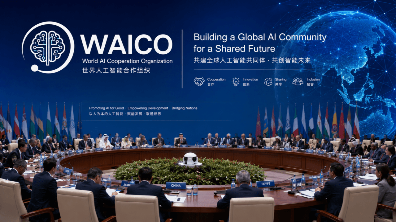 Hình minh hoạ hội trường xanh dương với logo WAICO (World AI Cooperation Organization) và dòng chữ "Building a Global AI Community for a Shared Future", phía dưới là các lãnh đạo quốc gia ngồi quanh bàn tròn lớn với cờ các nước phía sau. Tin chính ngày 19/07/2026: Trung Quốc cùng 29 quốc gia thành lập WAICO, tổ chức liên chính phủ về quản trị AI đặt trụ sở tại Thượng Hải.