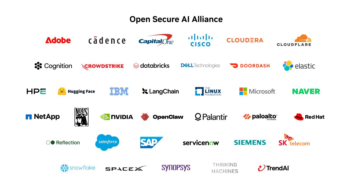 Hình minh hoạ lưới logo trắng của "Open Secure AI Alliance" với hàng chục logo công ty công nghệ như Adobe, Cisco, Cloudflare, Hugging Face, IBM, Microsoft, Nvidia, Red Hat và nhiều tổ chức khác xếp thành các hàng có trật tự. Tin chính ngày 29/07/2026: Nvidia cùng 36 tổ chức lập Open Secure AI Alliance để làm công cụ bảo mật AI agent mã nguồn mở.